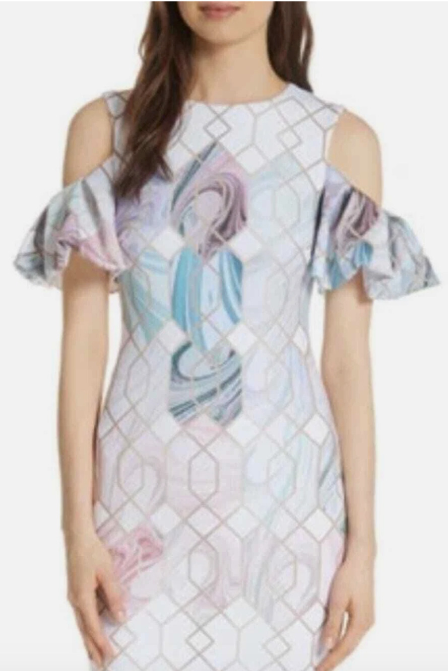 Ted Baker Krimba Sea of Clouds Dress 2 US 2-4 Gold Scuba Cold Shoulder (dr800